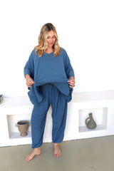 Cotton Short Kaftan in Blue Stone