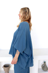 Cotton Short Kaftan in Blue Stone