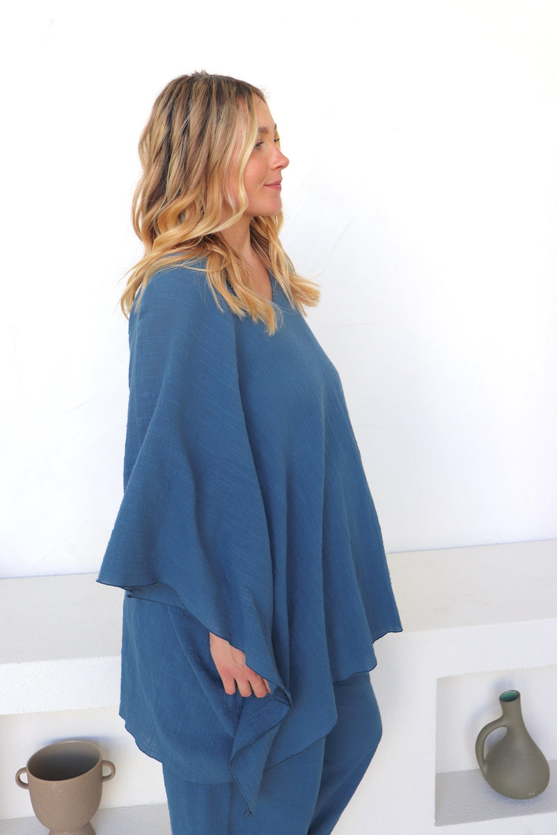 Cotton Short Kaftan in Blue Stone