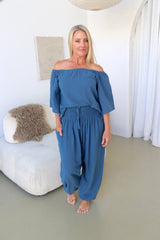 Blue Stone Cotton Elastic Long Pant