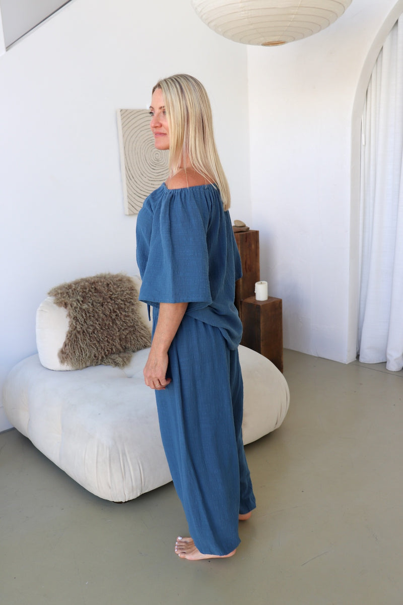 Blue Stone Cotton Elastic Long Pant
