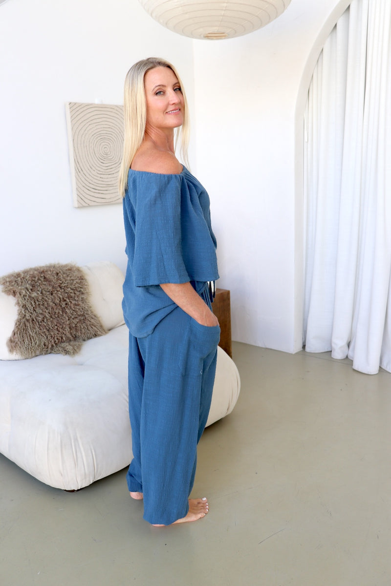 Blue Stone Cotton Elastic Long Pant