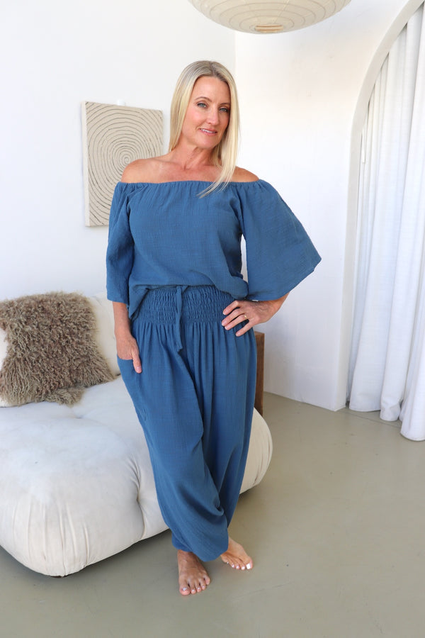 Blue Stone Cotton Elastic Long Pant