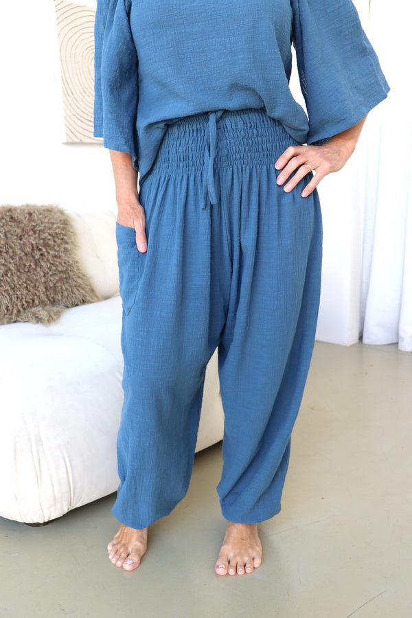 Blue Stone Cotton Elastic Long Pant