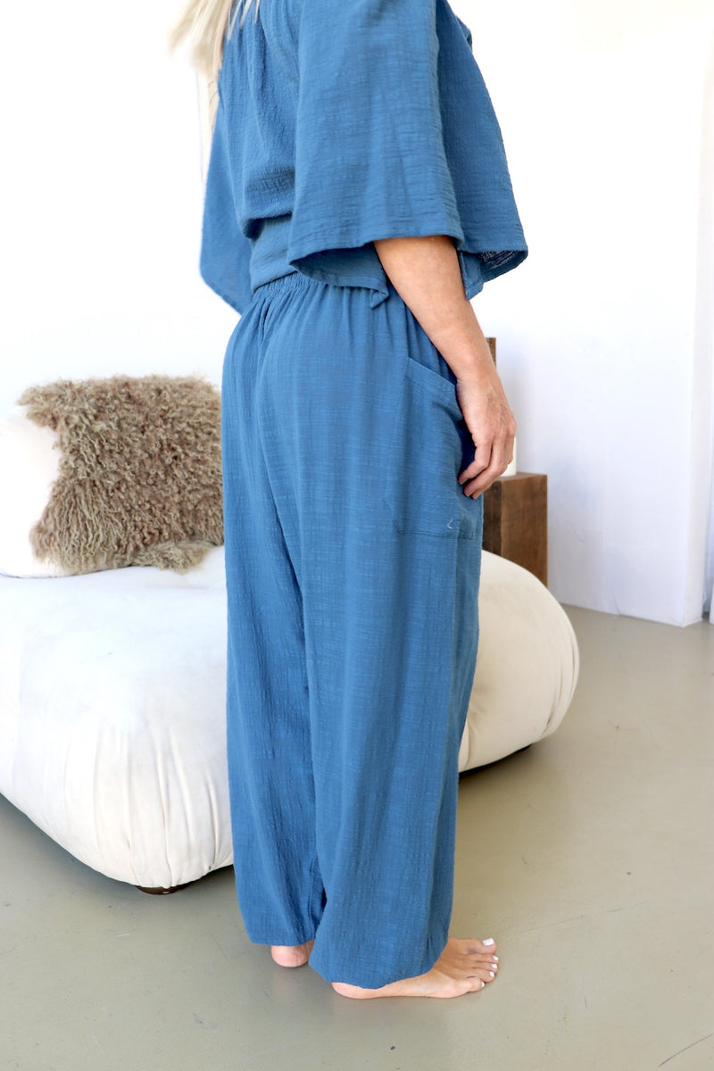 Blue Stone Cotton Elastic Long Pant