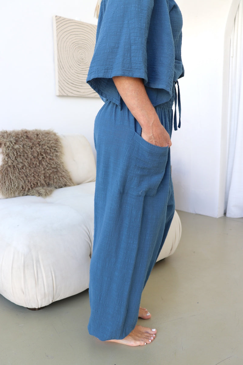 Blue Stone Cotton Elastic Long Pant