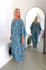 Long Kaftan In Bright Blue Leopard