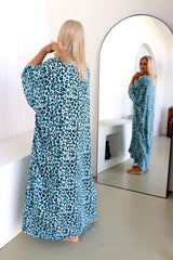 Long Kaftan In Bright Blue Leopard