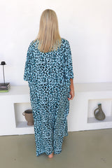 Long Kaftan In Bright Blue Leopard