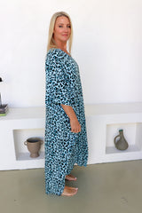 Long Kaftan In Bright Blue Leopard