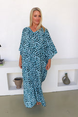 Long Kaftan In Bright Blue Leopard