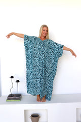 Long Kaftan In Bright Blue Leopard