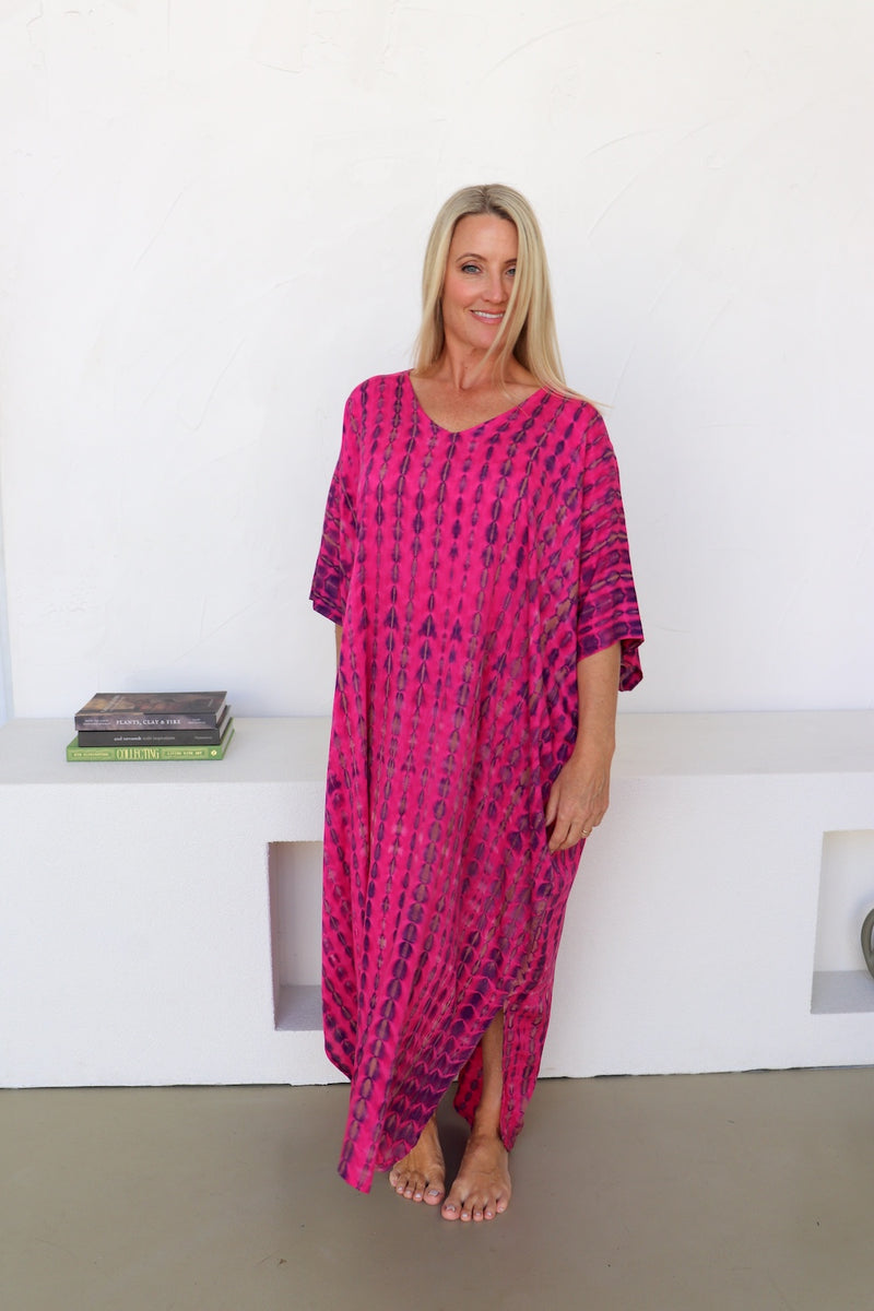 Long Kaftan In Hot Pink Tie Dye