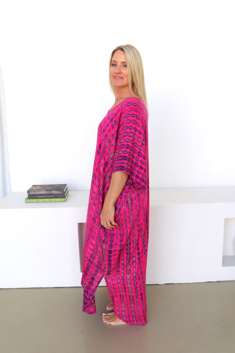 Long Kaftan In Hot Pink Tie Dye