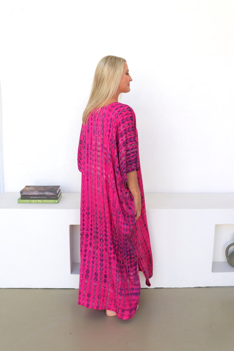 Long Kaftan In Hot Pink Tie Dye