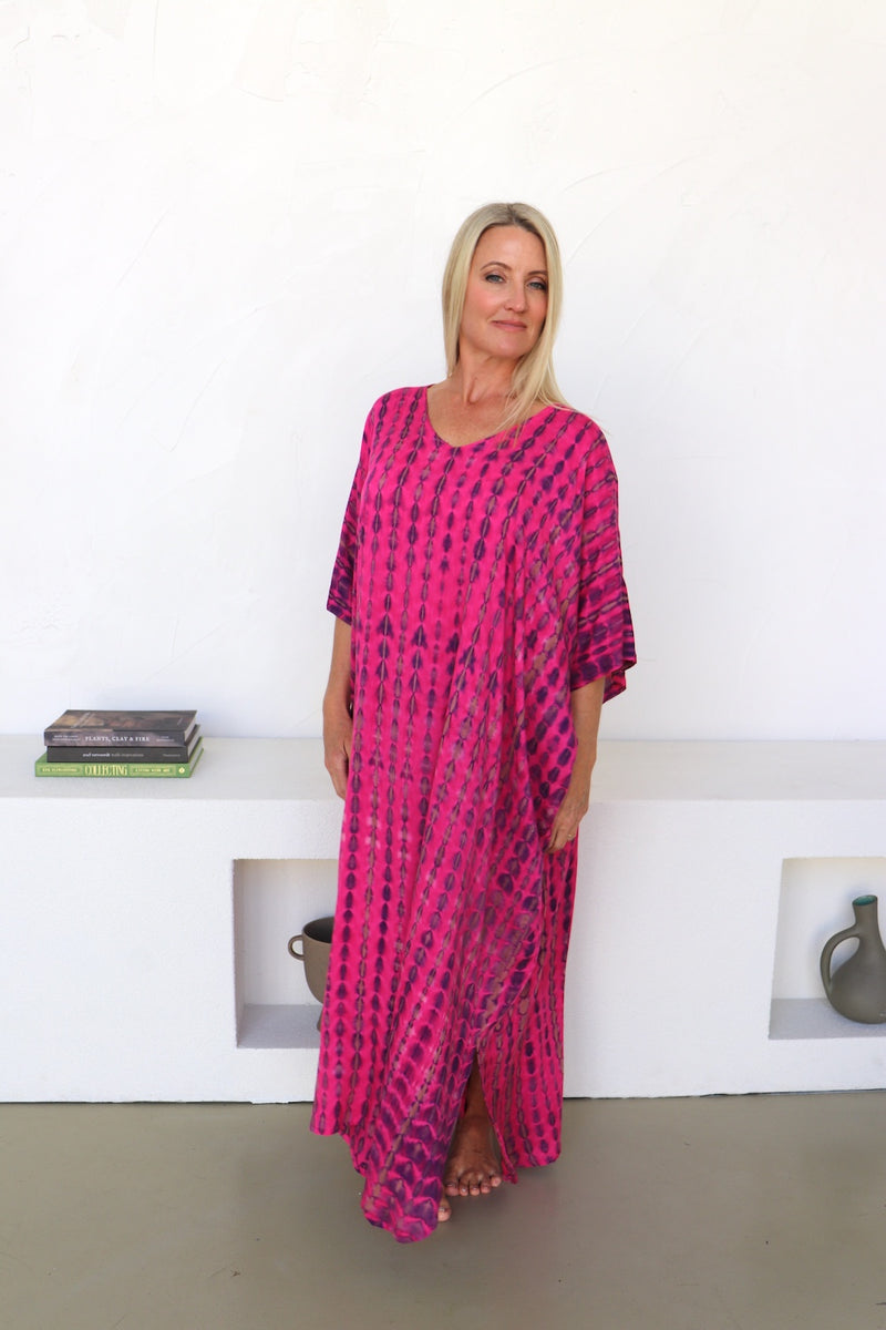 Long Kaftan In Hot Pink Tie Dye