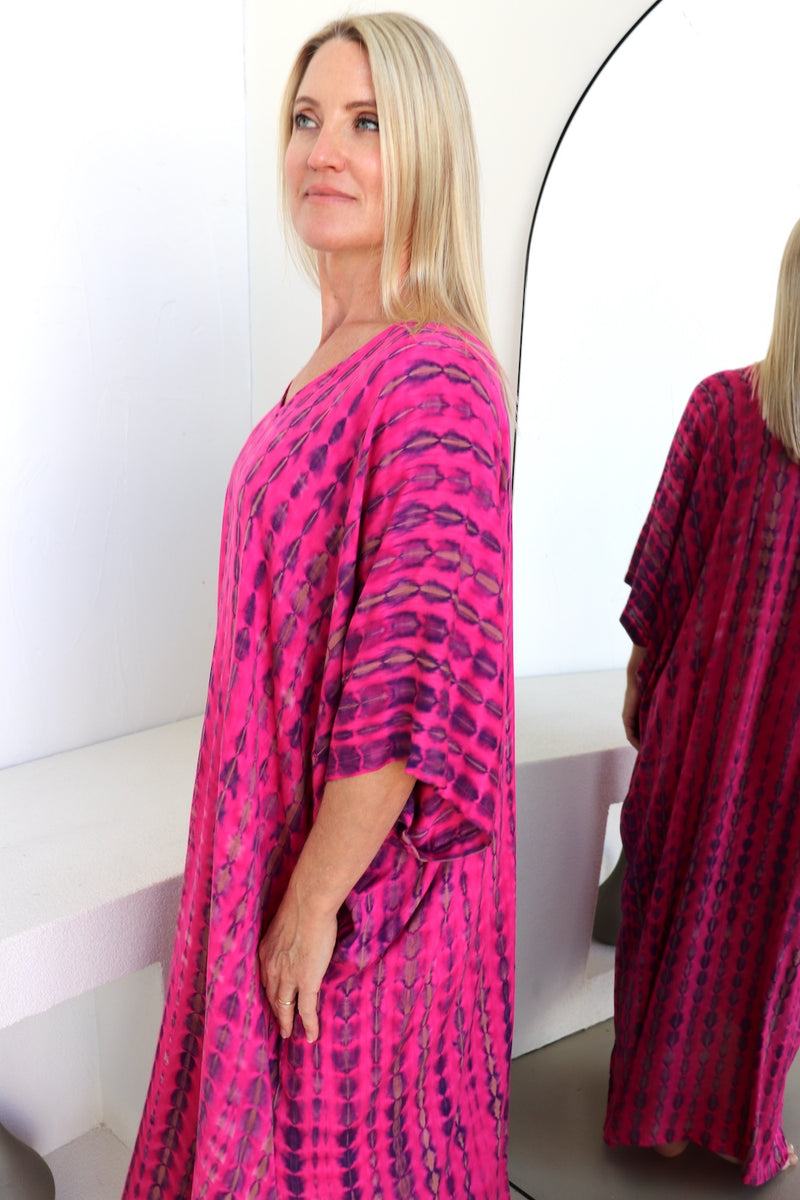Long Kaftan In Hot Pink Tie Dye