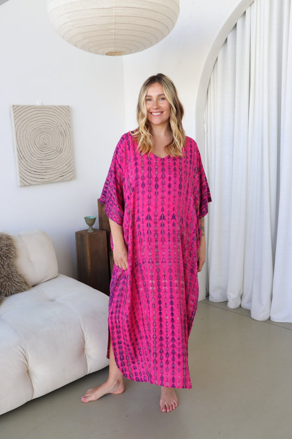 Long Kaftan In Hot Pink Tie Dye