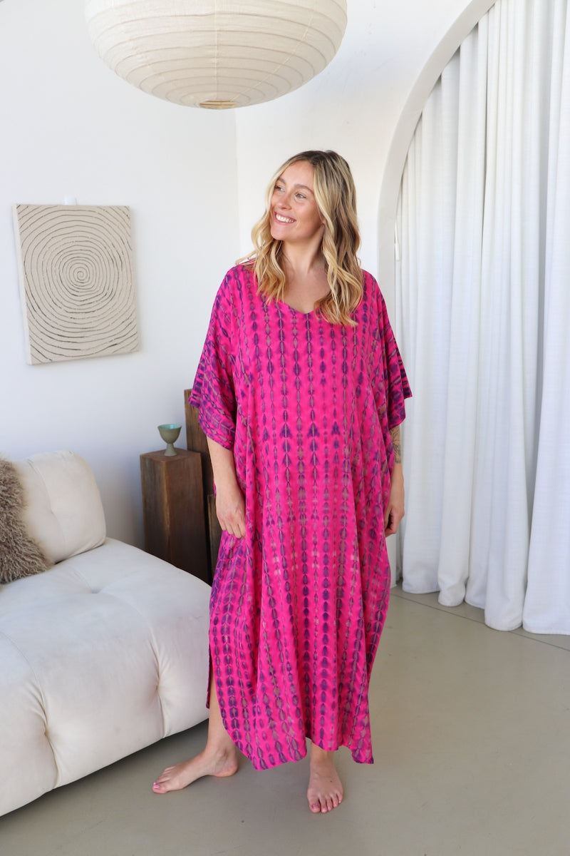 Long Kaftan In Hot Pink Tie Dye