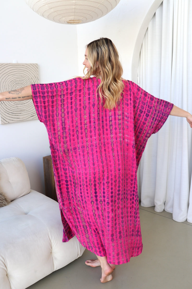Long Kaftan In Hot Pink Tie Dye