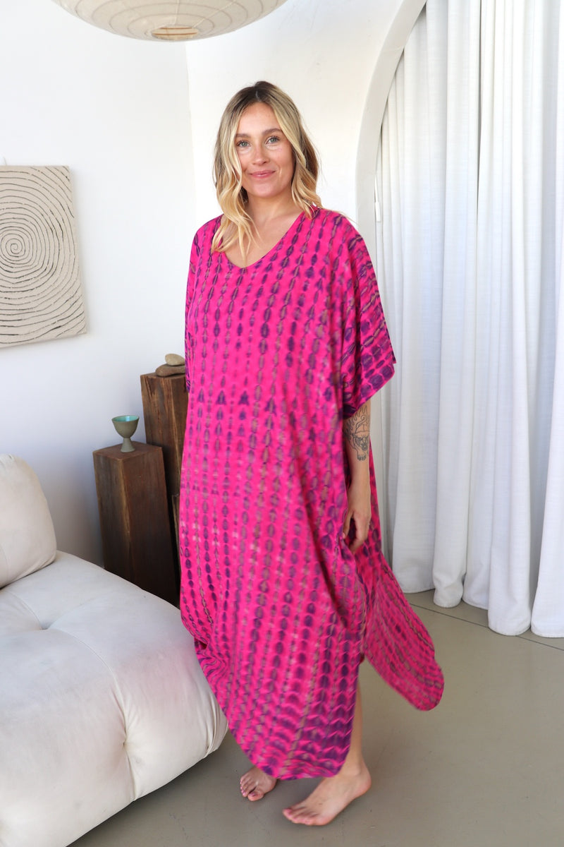 Long Kaftan In Hot Pink Tie Dye