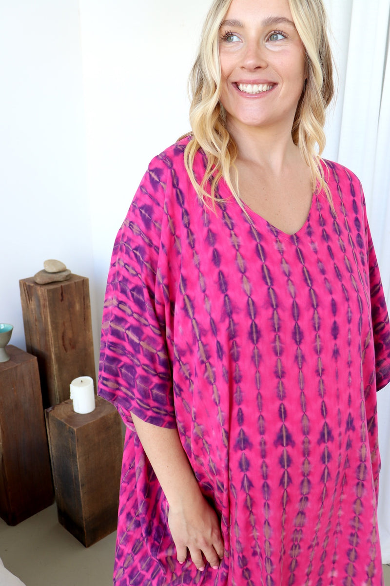 Long Kaftan In Hot Pink Tie Dye