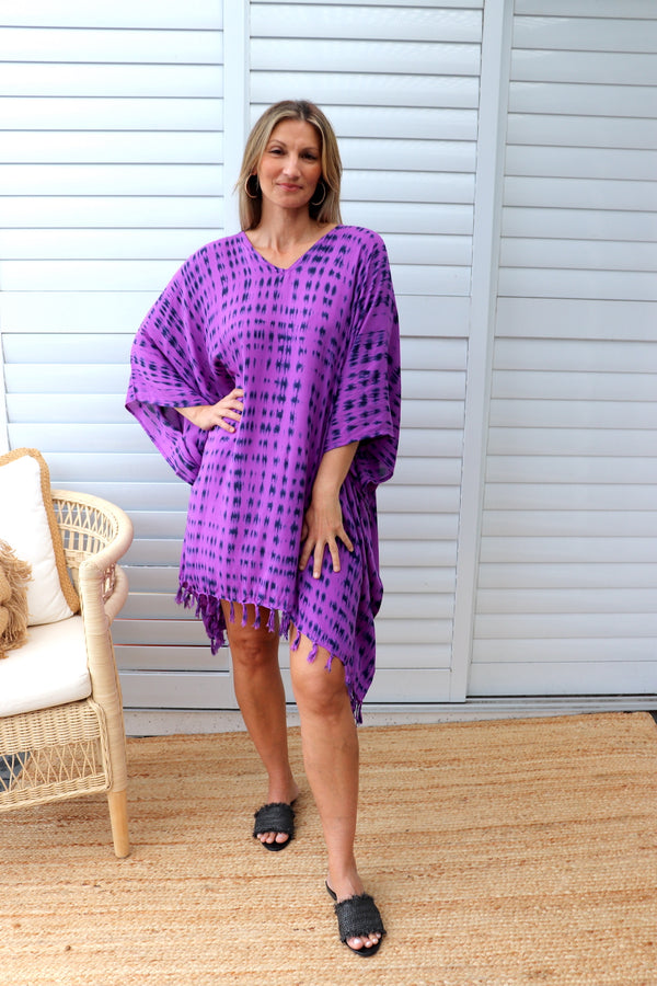 Short Kaftan With Tassels In Purple Tie Dye