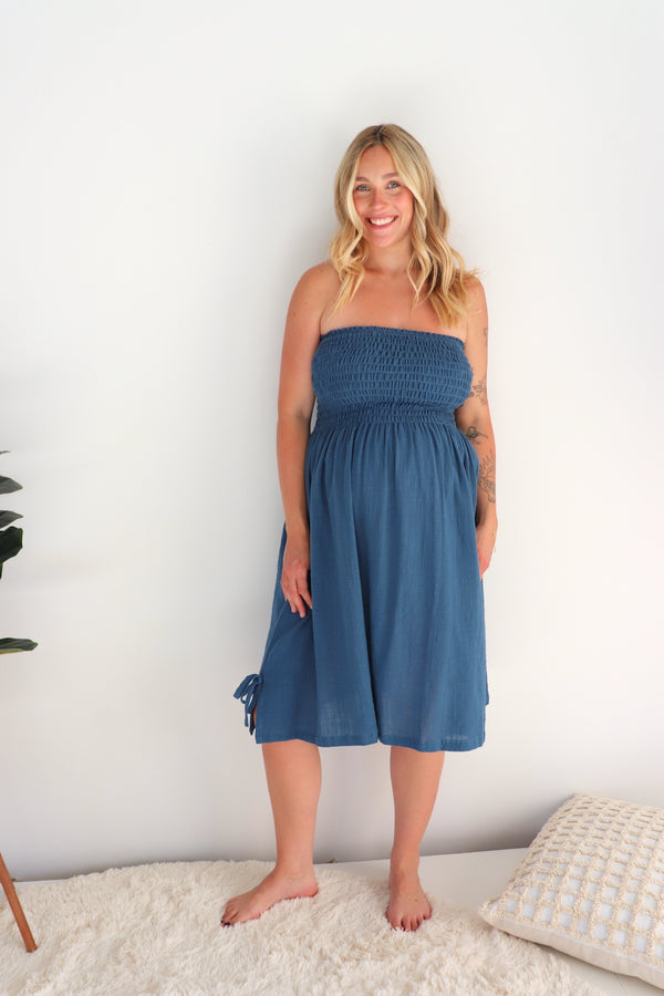 Cotton Strapless Beach Dress/Skirt in Blue Stone