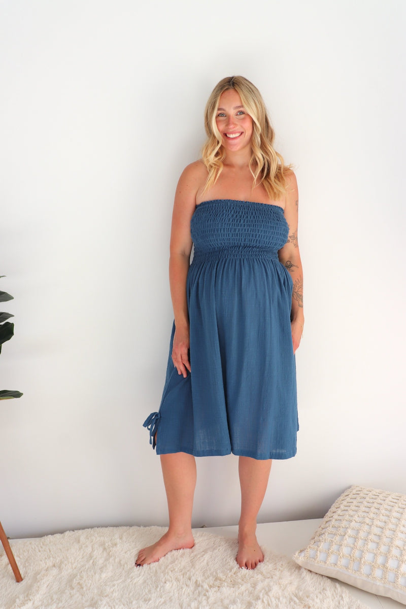 Cotton Strapless Beach Dress/Skirt in Blue Stone