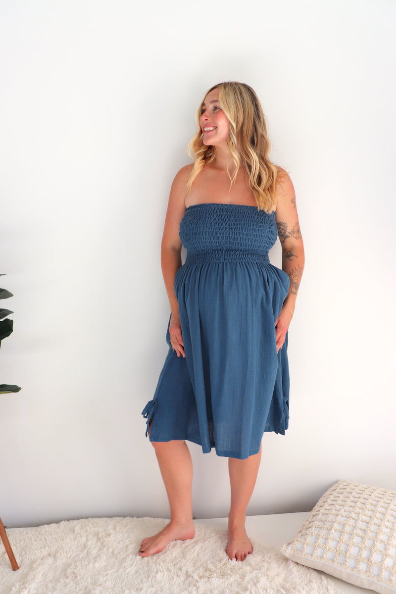 Cotton Strapless Beach Dress/Skirt in Blue Stone
