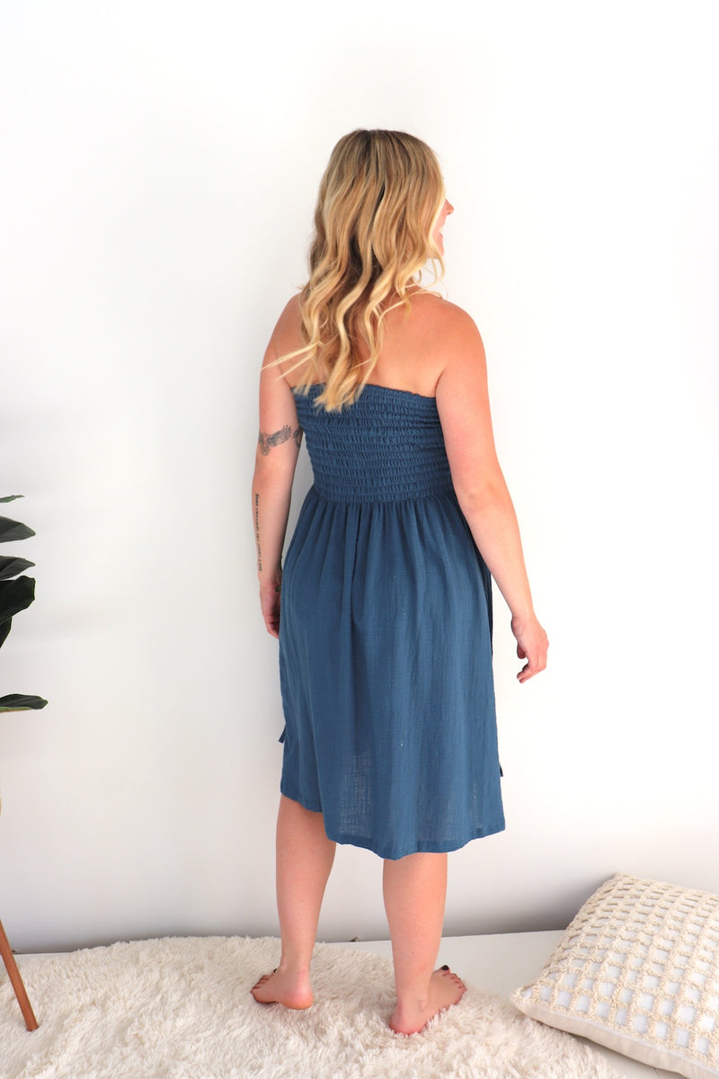 Cotton Strapless Beach Dress/Skirt in Blue Stone