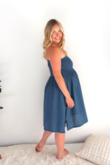 Cotton Strapless Beach Dress/Skirt in Blue Stone