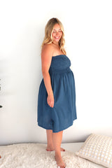 Cotton Strapless Beach Dress/Skirt in Blue Stone