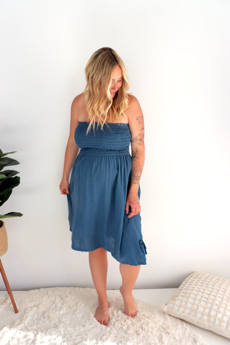 Cotton Strapless Beach Dress/Skirt in Blue Stone