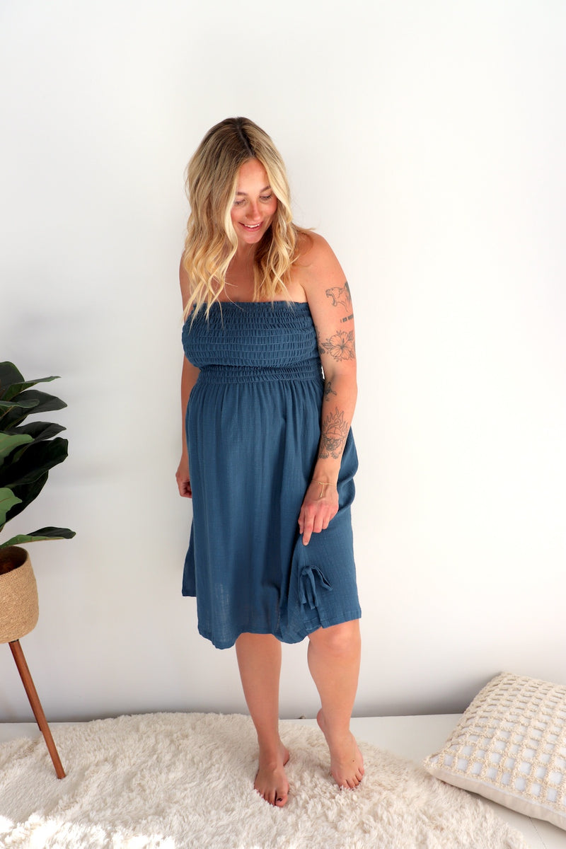Cotton Strapless Beach Dress/Skirt in Blue Stone