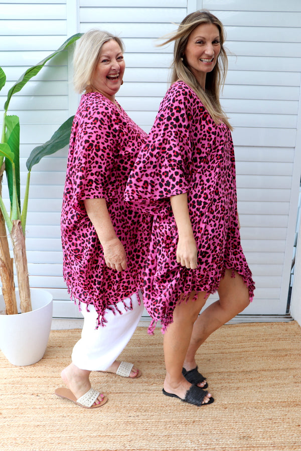 Short Kaftan With Tassels In Pink Leopard