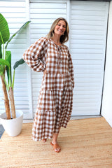 Hayley Gingham Cotton Long Sleeve Maxi Dress Taupe or Chocolate