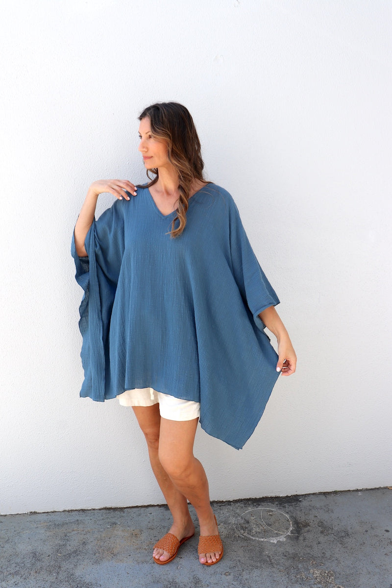 Cotton Short Kaftan in Blue Stone