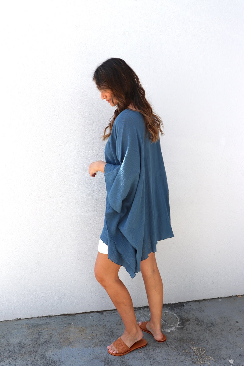 Cotton Short Kaftan in Blue Stone