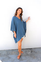 Cotton Short Kaftan in Blue Stone