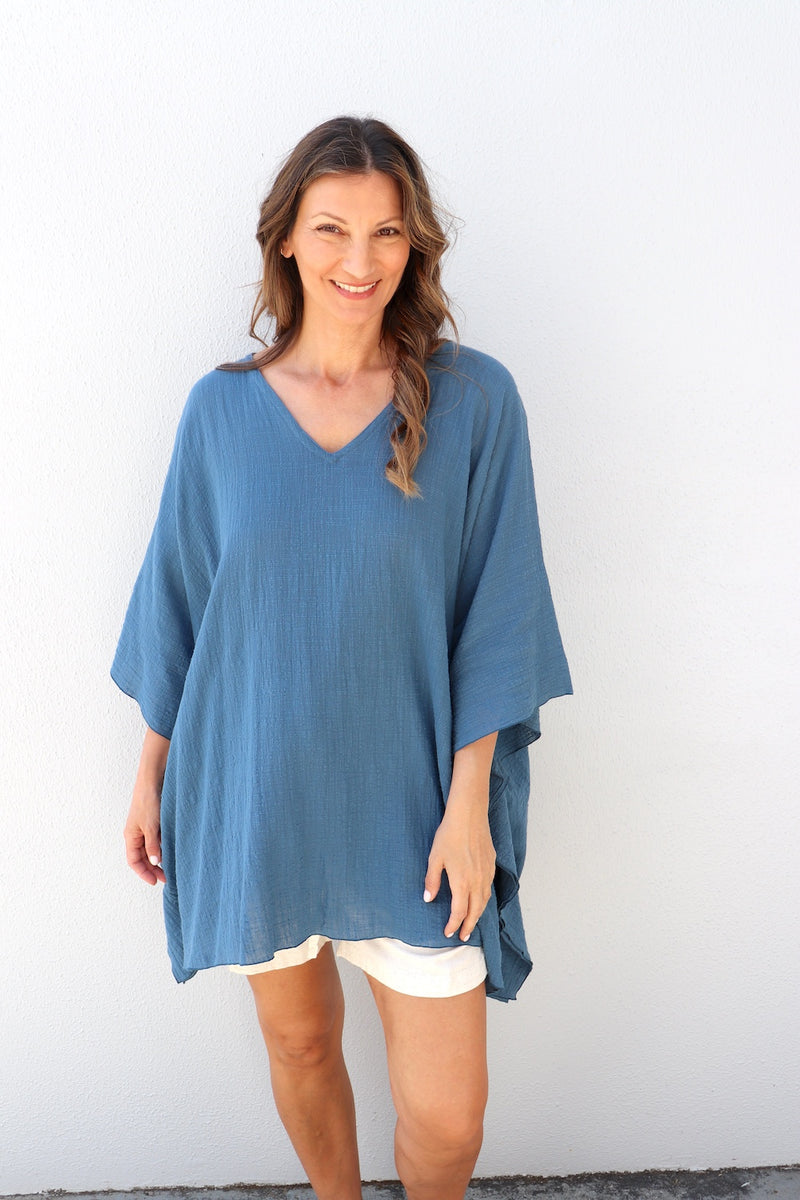 Cotton Short Kaftan in Blue Stone