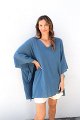 Cotton Short Kaftan in Blue Stone