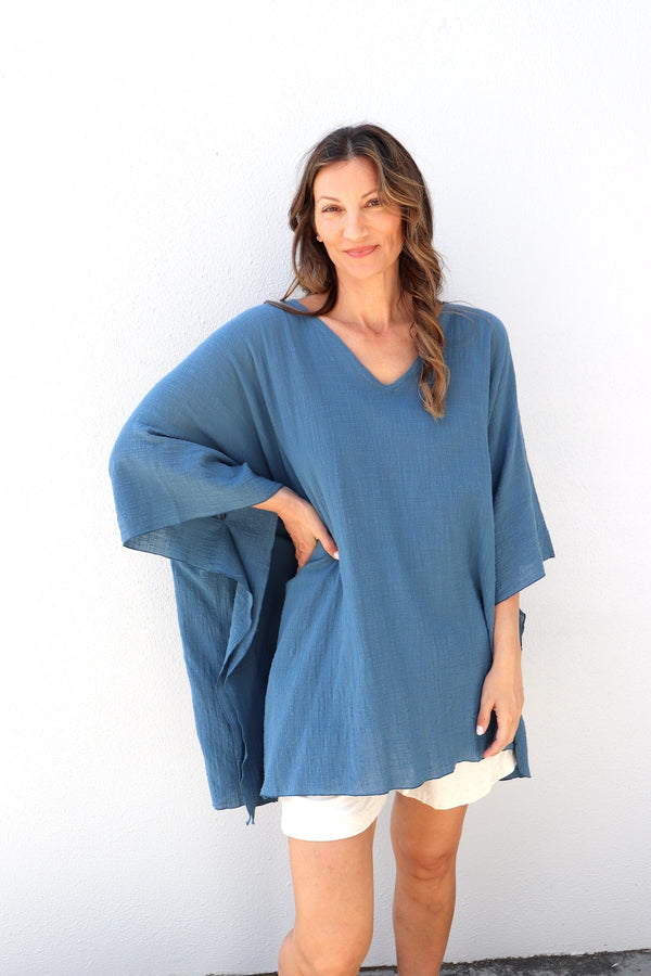 Cotton Short Kaftan in Blue Stone