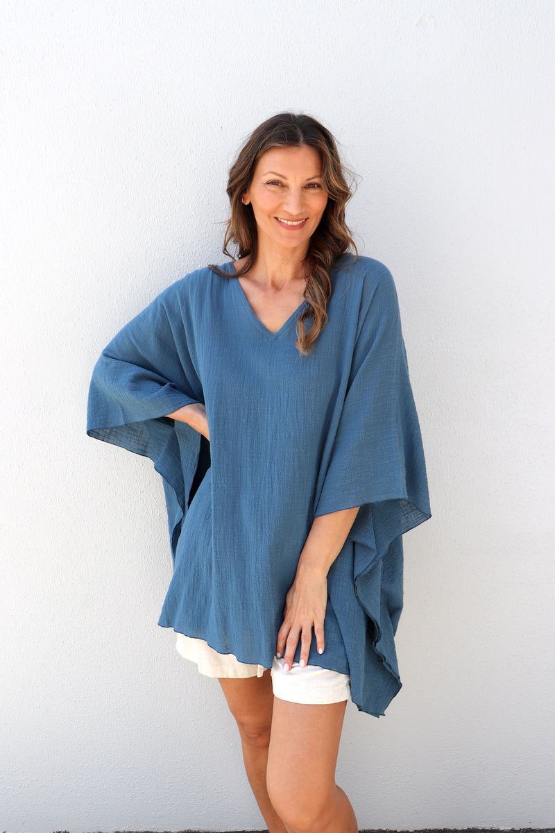 Cotton Short Kaftan in Blue Stone