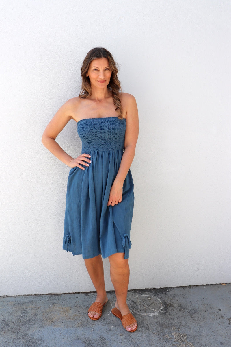 Cotton Strapless Beach Dress/Skirt in Blue Stone