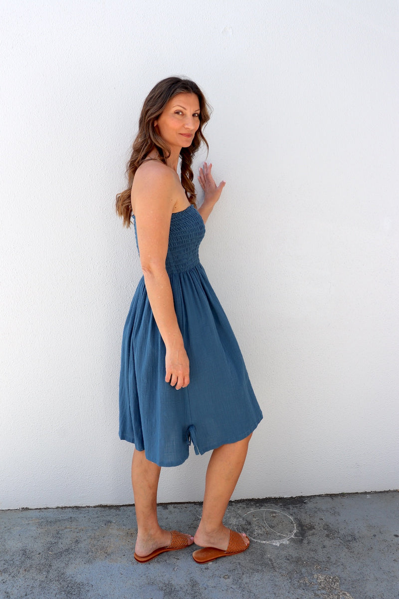 Cotton Strapless Beach Dress/Skirt in Blue Stone
