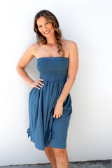 Cotton Strapless Beach Dress/Skirt in Blue Stone