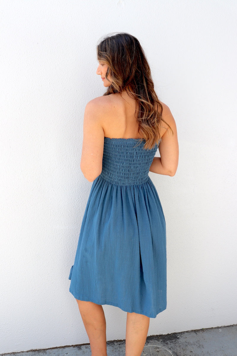 Cotton Strapless Beach Dress/Skirt in Blue Stone