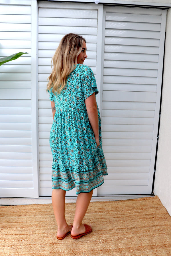 Baby Doll Button Up Dress in Cottage Vine Aqua