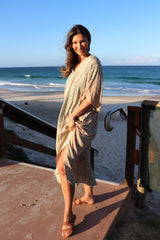 Long Kaftan In Olive Raindrop